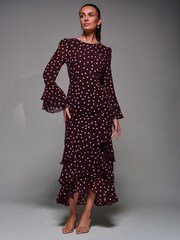 Jolie Moi Red Ruffled Long Sleeve Tiered Chiffon Midaxi Dress - Image 5 of 6