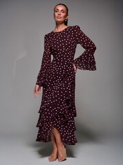 Jolie Moi Red Ruffled Long Sleeve Tiered Chiffon Midaxi Dress - Image 6 of 6