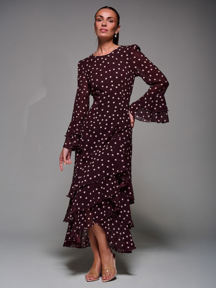 Jolie Moi Red Ruffled Long Sleeve Tiered Chiffon Midaxi Dress - Image 6 of 6