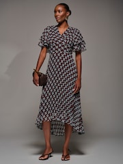 Jolie Moi Dark Brown Angel Sleeve Pleated Chiffon Midaxi Dress - Image 1 of 6