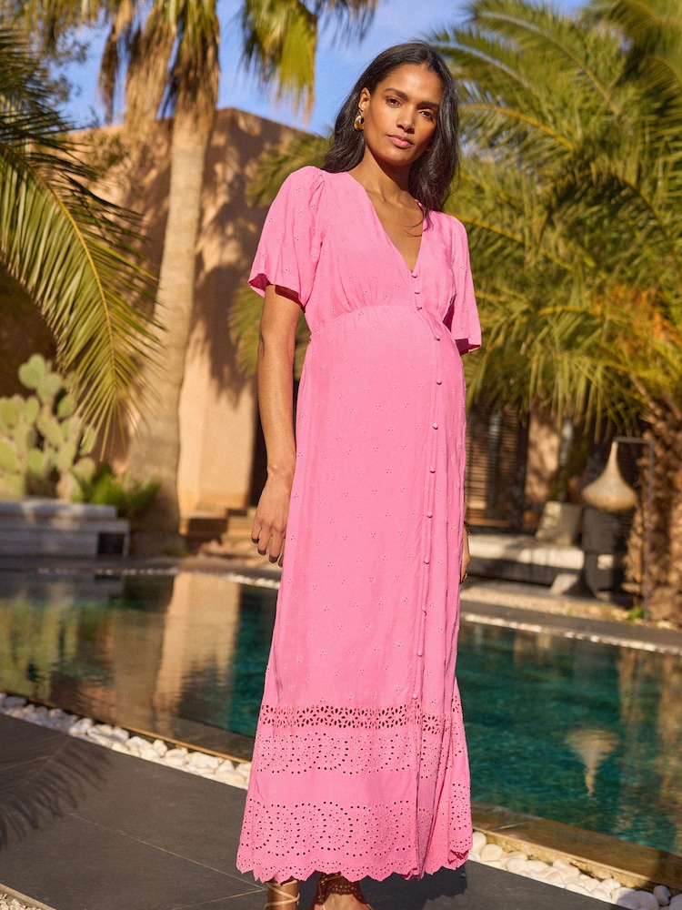 Seraphine Pink Maternity & Nursing Broderie Anglaise Midi Dress - Image 2 of 5