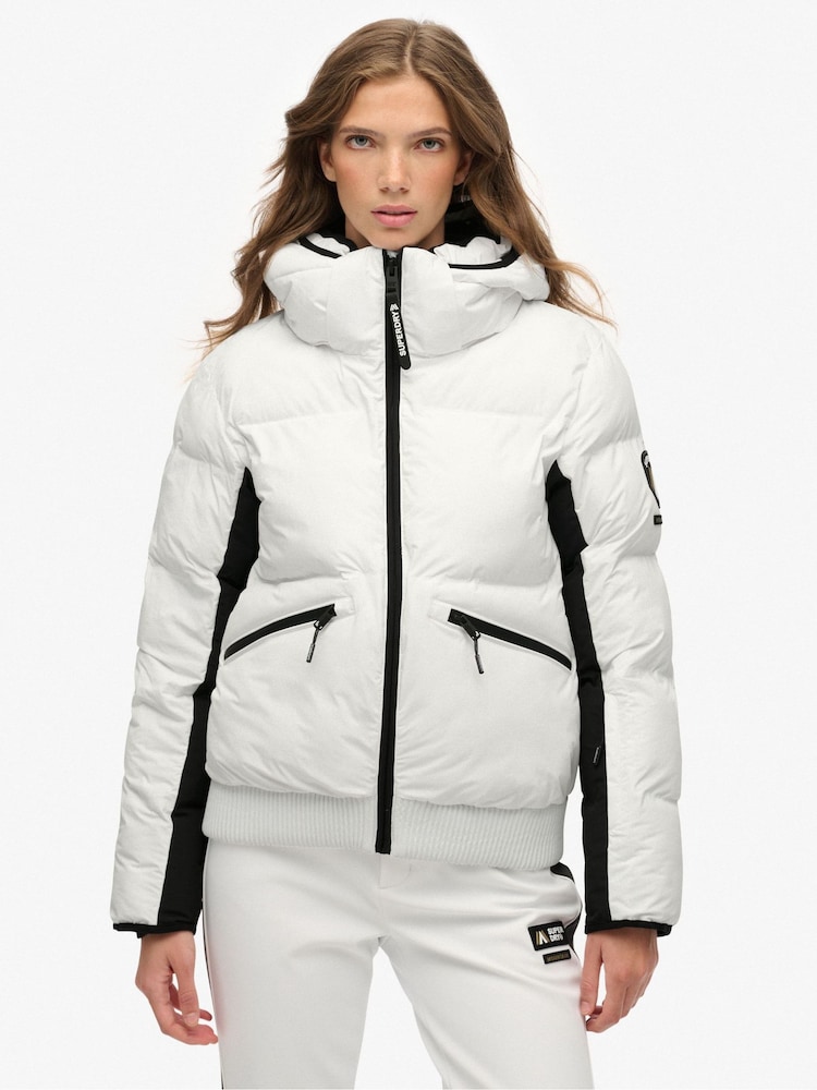 Superdry White Hooded Ski Bomber Jacket - Image 1 of 7 Superdry White Hooded Ski Bomber Jacket - Image 1 of 7