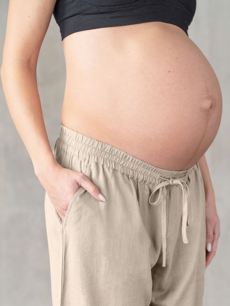 Seraphine Stone Petite Matenity Linen Blend Underbump Trousers - Image 4 of 4