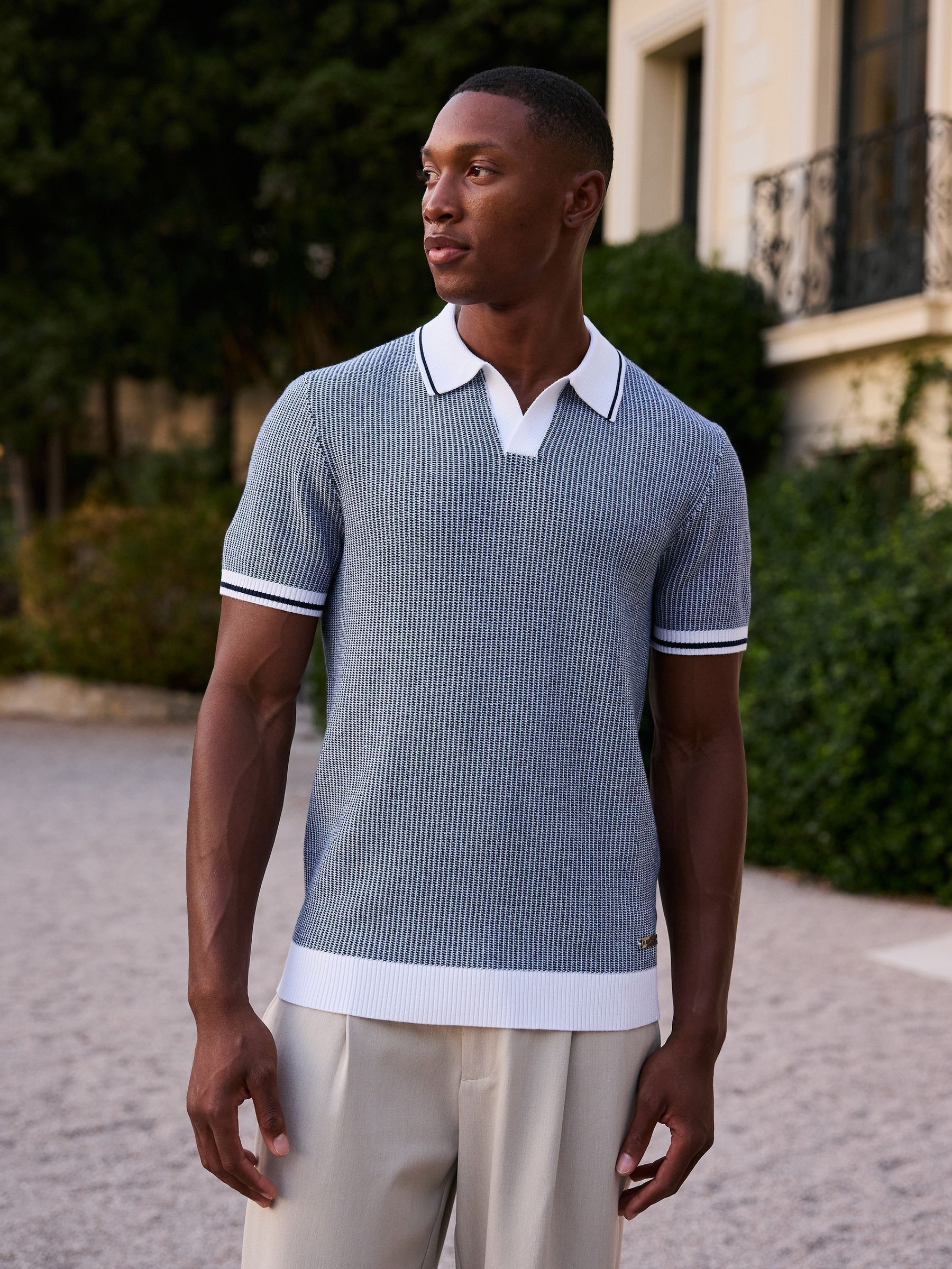 Buy MAUVAIS Blue Giordini in Tipped Birdseye Knit Polo Shirt from