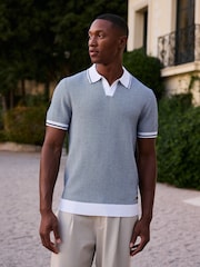 MAUVAIS Blue Giordini Tipped Birdseye Knit Polo Shirt - Image 1 of 7
