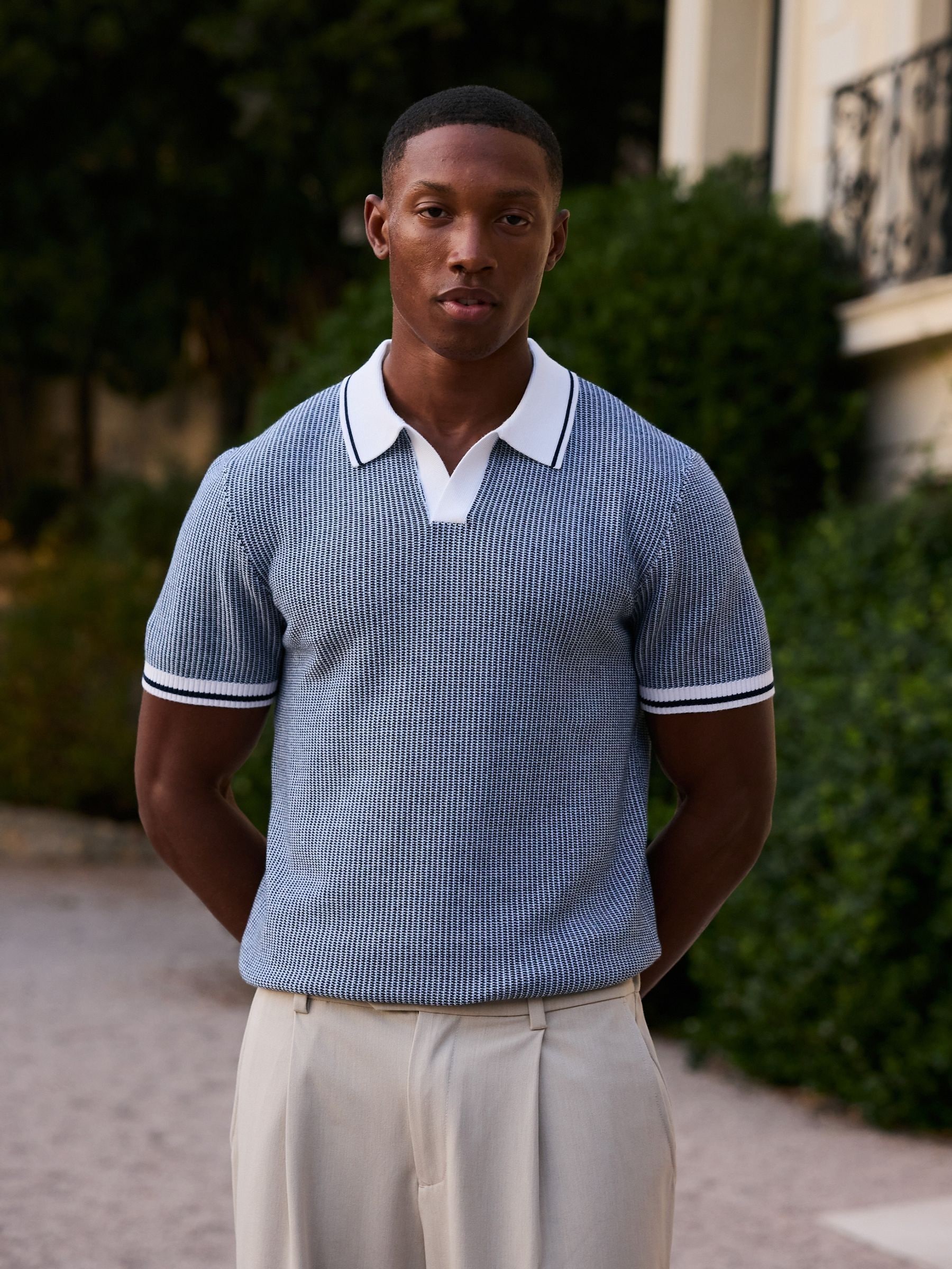 Buy MAUVAIS Blue Giordini in Tipped Birdseye Knit Polo Shirt from