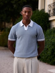 MAUVAIS Blue Giordini Tipped Birdseye Knit Polo Shirt - Image 2 of 7