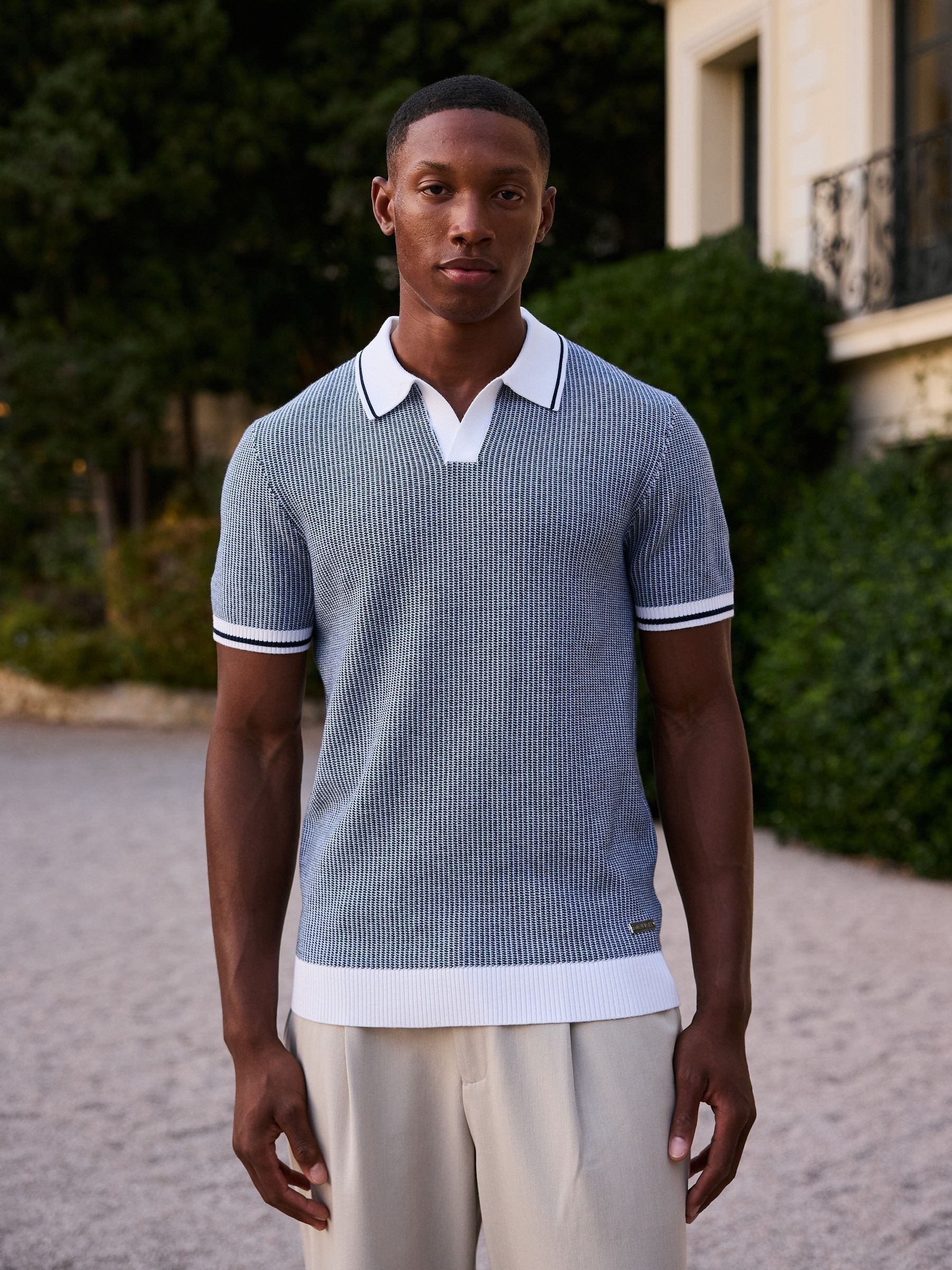 Buy MAUVAIS Blue Giordini in Tipped Birdseye Knit Polo Shirt from