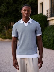 MAUVAIS Blue Giordini Tipped Birdseye Knit Polo Shirt - Image 3 of 7