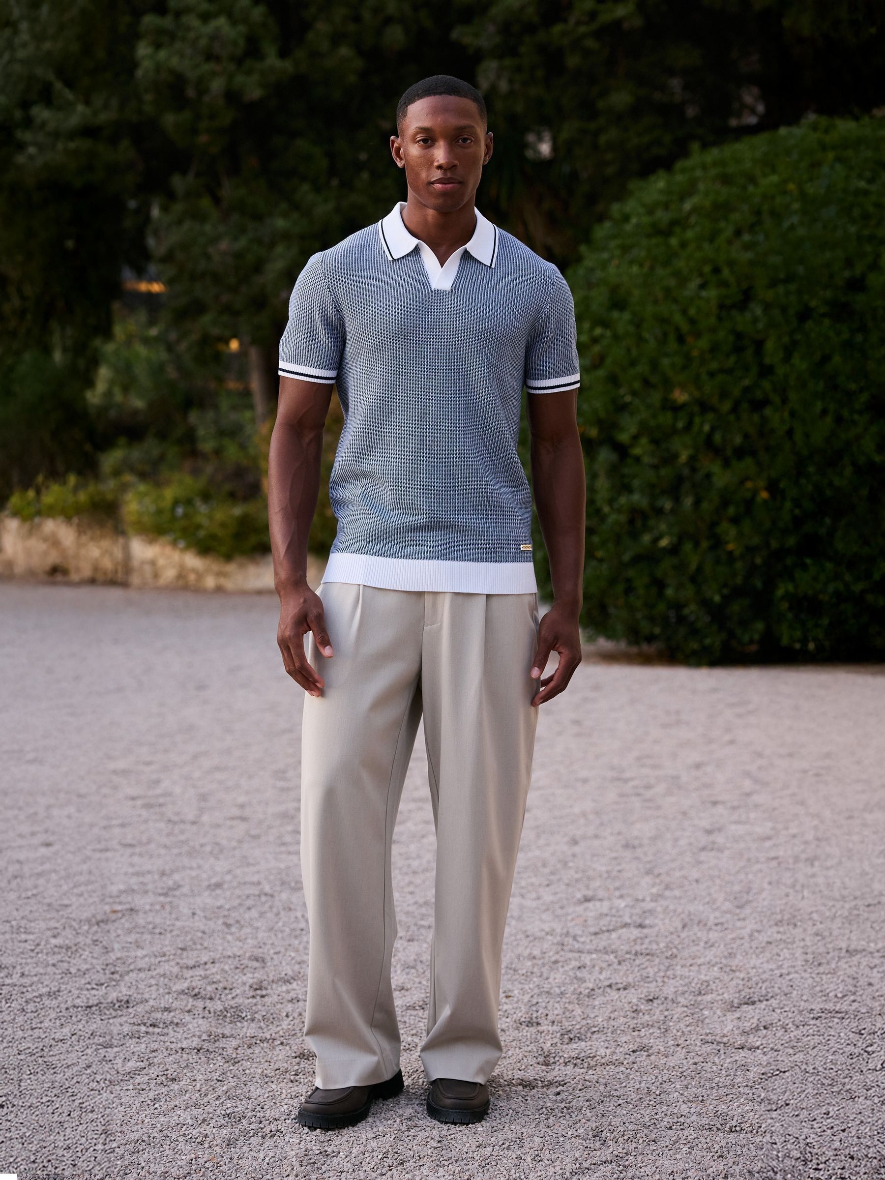 Buy MAUVAIS Blue Giordini in Tipped Birdseye Knit Polo Shirt from