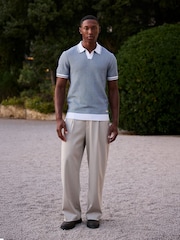 MAUVAIS Blue Giordini Tipped Birdseye Knit Polo Shirt - Image 4 of 7