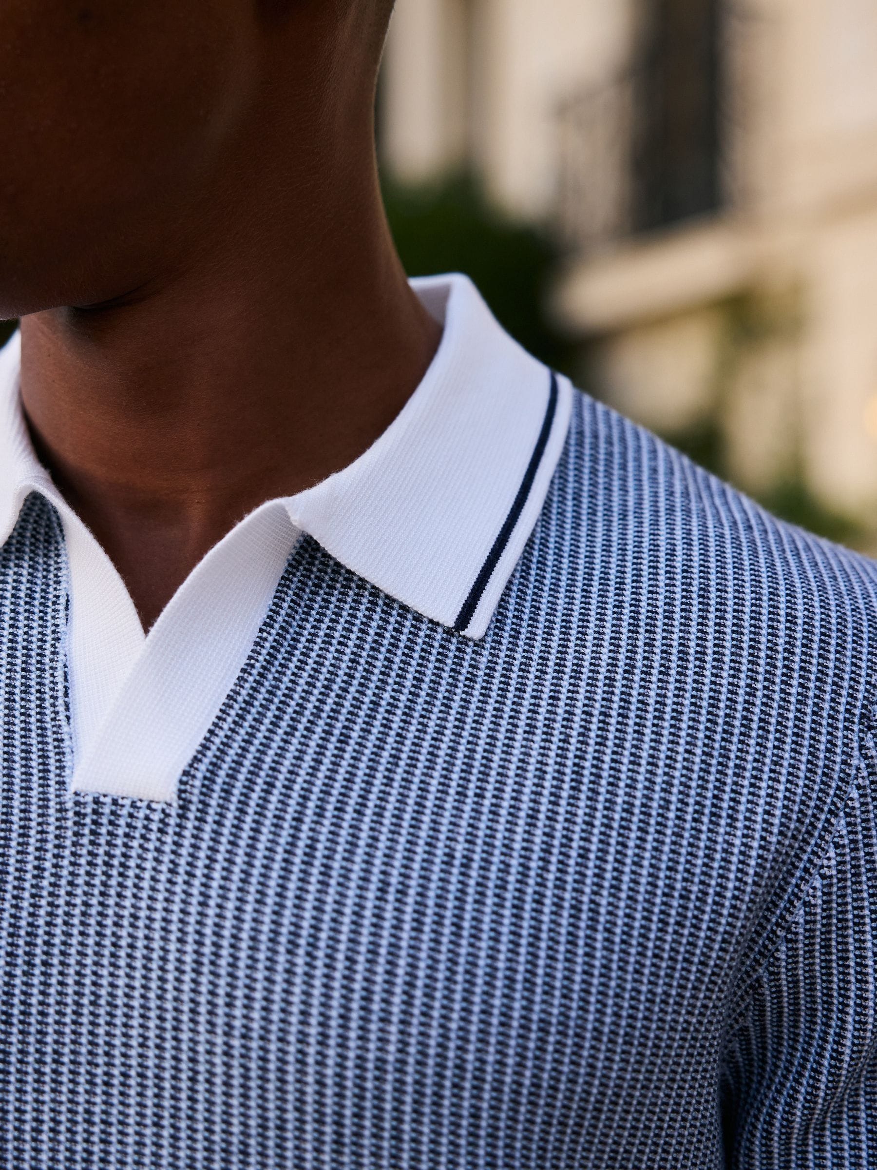 Buy MAUVAIS Blue Giordini in Tipped Birdseye Knit Polo Shirt from