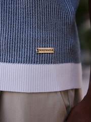 MAUVAIS Blue Giordini Tipped Birdseye Knit Polo Shirt - Image 6 of 7