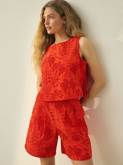Red N. Premium Cotton Broderie Knee Shorts - Image 1 of 4