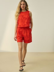 Red N. Premium Cotton Broderie Knee Shorts - Image 2 of 4