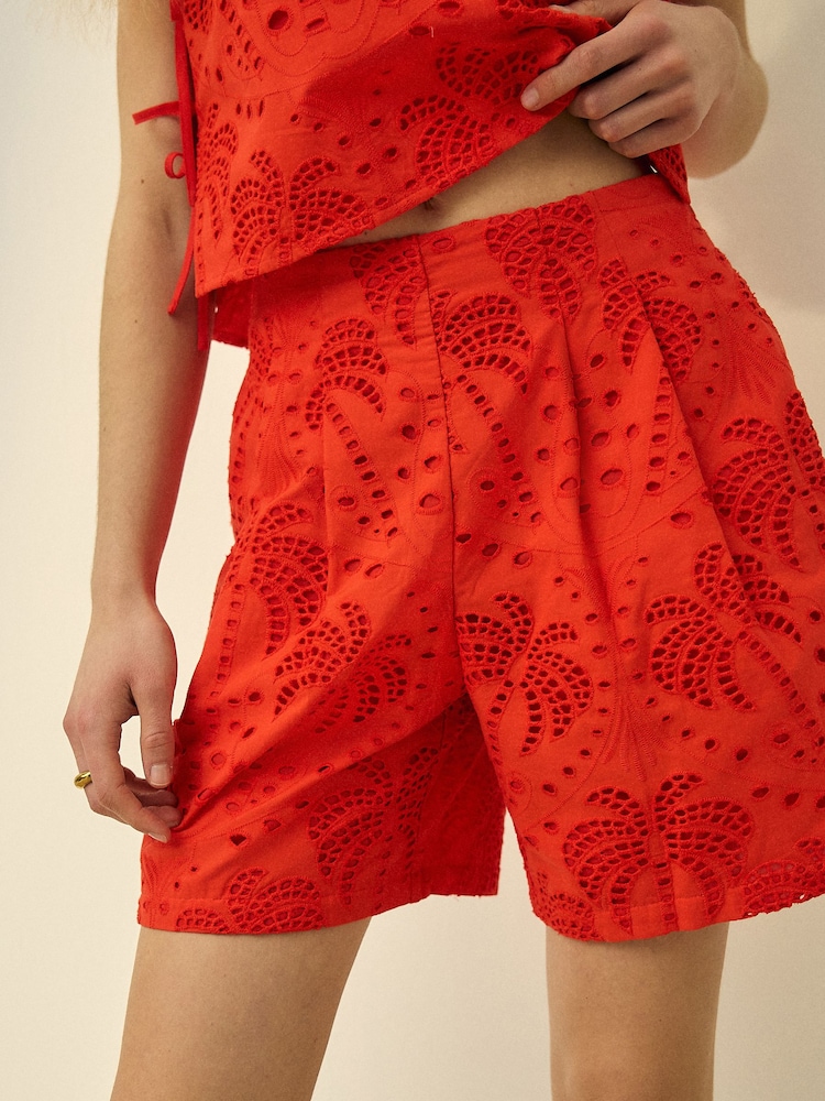Red N. Premium Cotton Broderie Knee Shorts - Image 4 of 4 Red N. Premium Cotton Broderie Knee Shorts - Image 4 of 4
