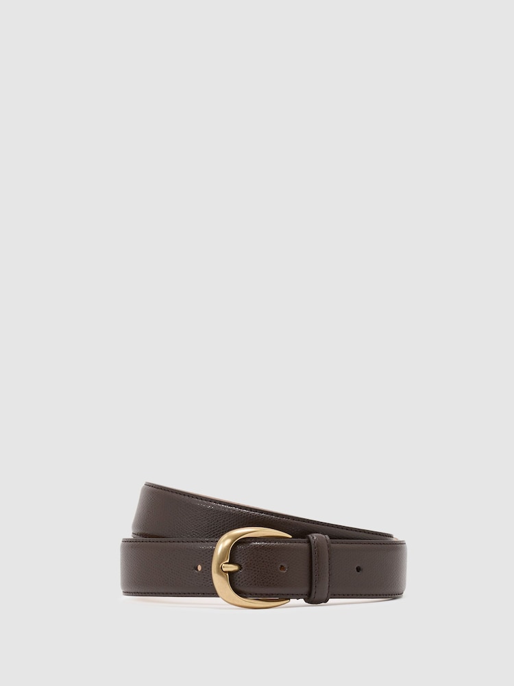 Reiss Dark Brown Pierce Pebble Pebbled-Leather Curved-Buckle Belt - Image 1 of 5 Reiss Dark Brown Pierce Pebble Pebbled-Leather Curved-Buckle Belt - Image 1 of 5