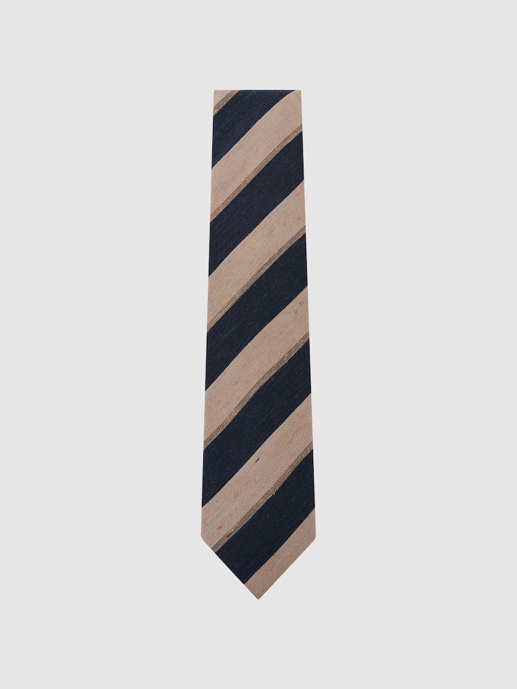 Reiss Navy/Taupe Brown Carlo Silk-Blend Block-Stripe Tie - Image 2 of 5
