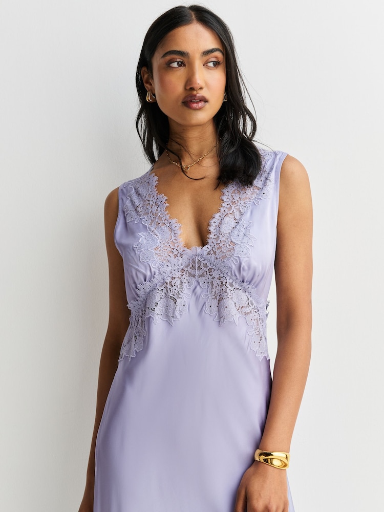 Rixo Dusty Blue Lysandra Cerise Lace Trim Midi Dress - Image 2 of 7