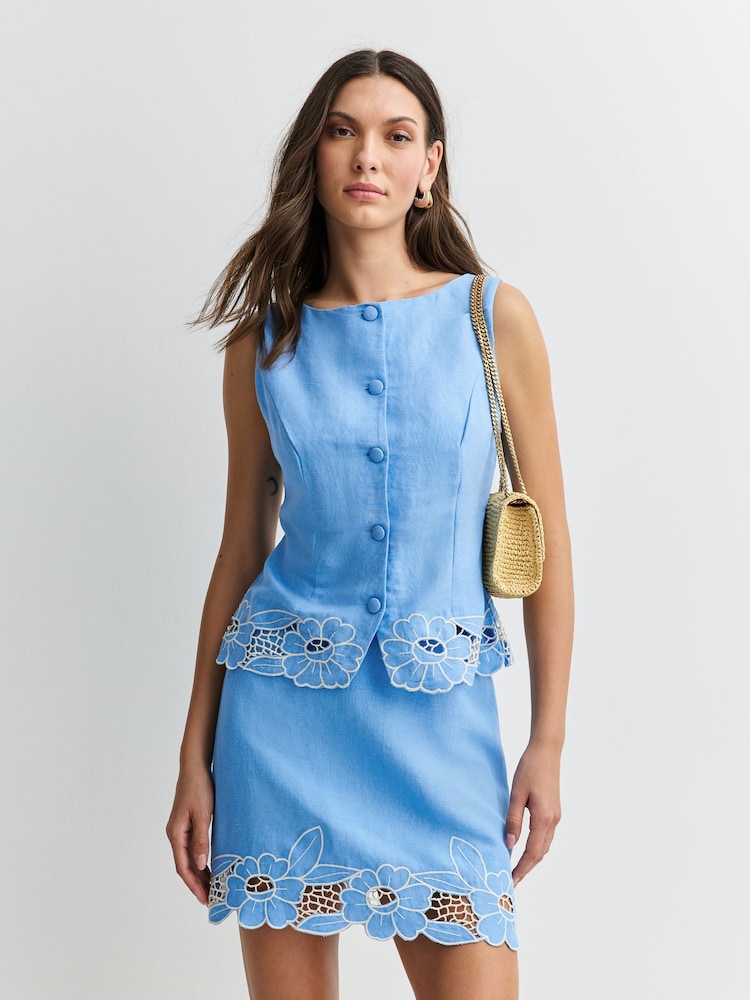 Rixo Daisy Cutwork Embroidery Blue Nancye Skirt - Image 2 of 7