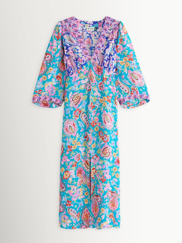 Rixo Cara Mix Blue Dahlia Midi Dress - Image 1 of 1