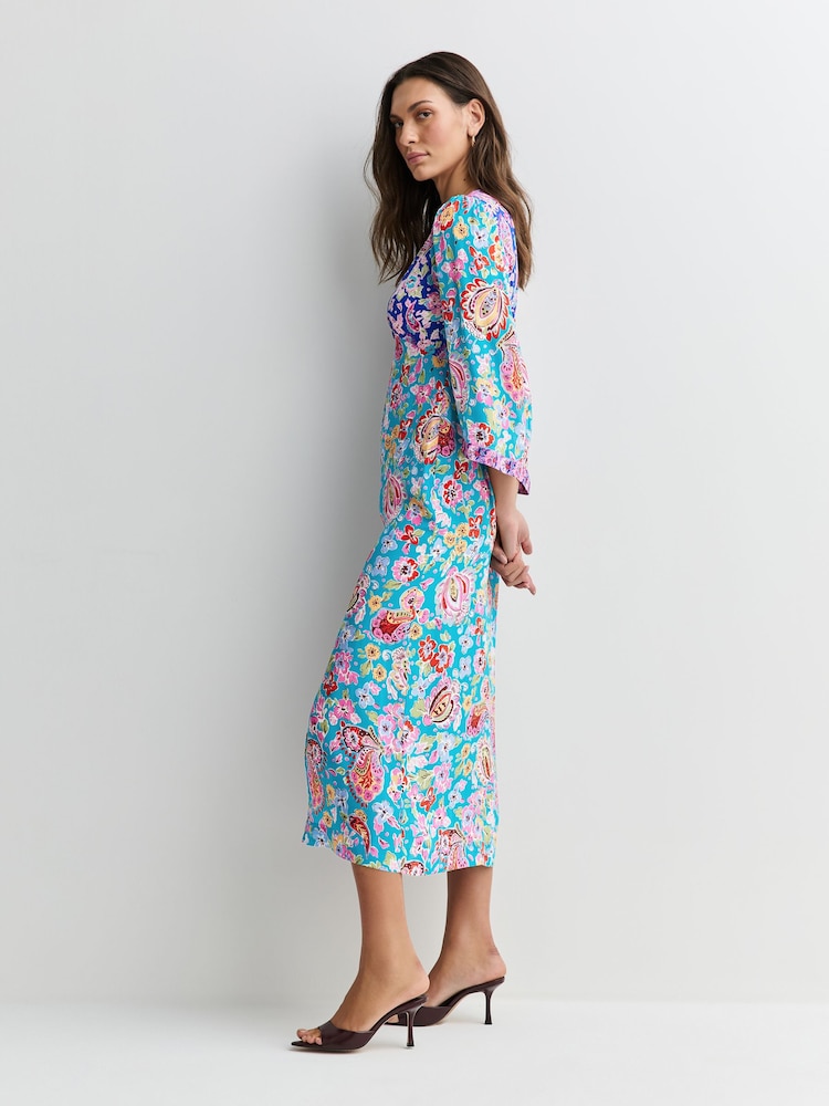 Rixo Cara Mix Blue Dahlia Midi Dress - Image 2 of 6