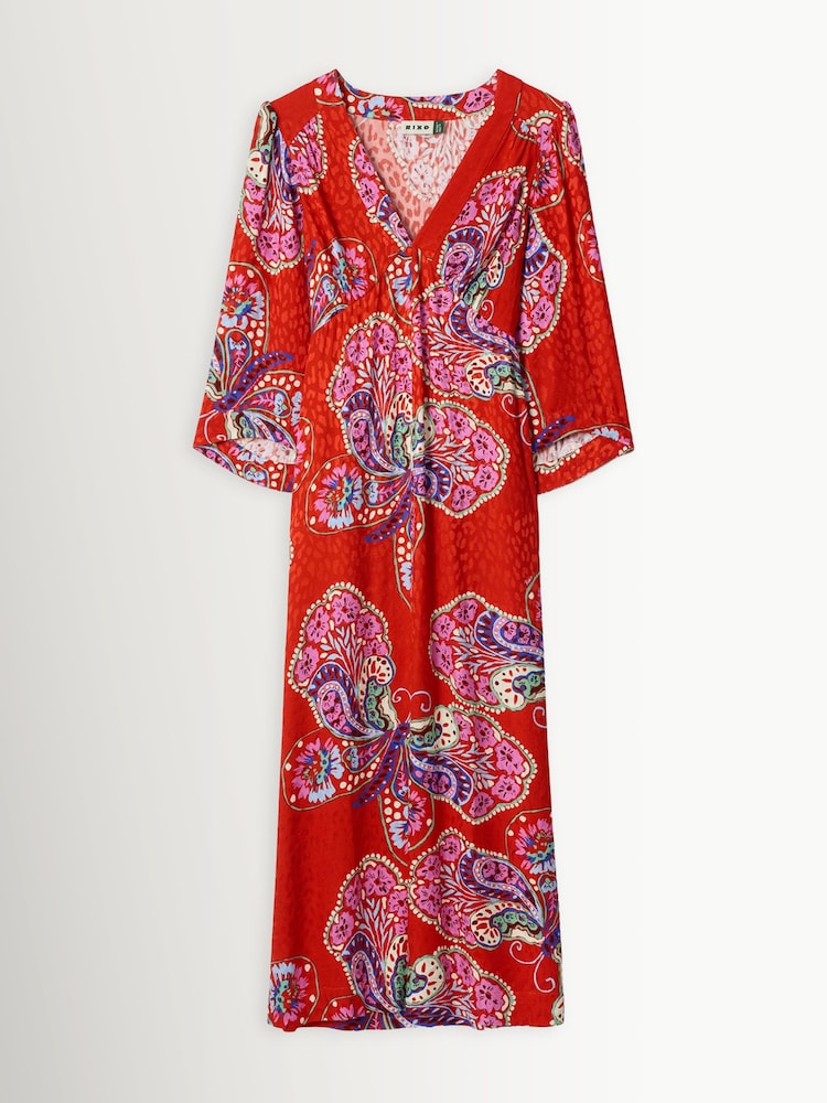 Rixo Butterfly Bloom Jacquard Red Dahlia Midi Dress - Image 1 of 1