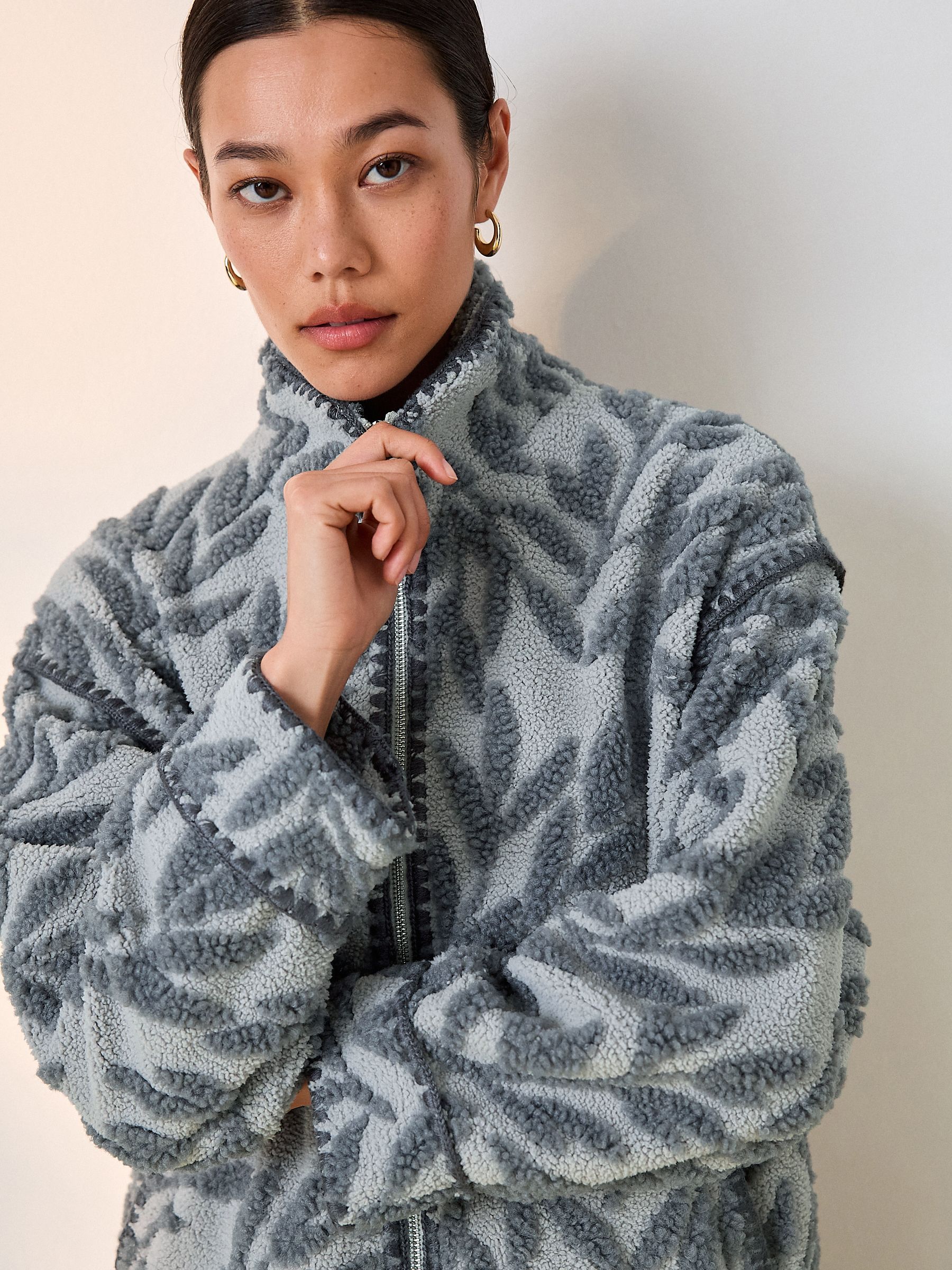 Buy Grey Floral Print Zip Through Borg Jacket from Next USA