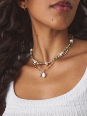 Blue/Pearl/Gold Tone 2 Layered Necklace - Image 1 of 5