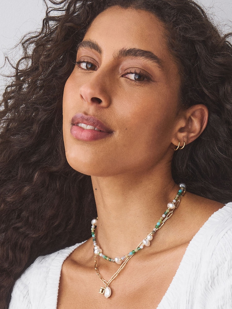 Blue/Pearl/Gold Tone 2 Layered Necklace - Image 2 of 5