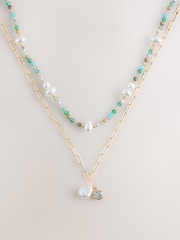 Blue/Pearl/Gold Tone 2 Layered Necklace - Image 3 of 5