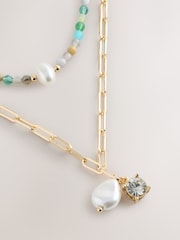 Blue/Pearl/Gold Tone 2 Layered Necklace - Image 4 of 5
