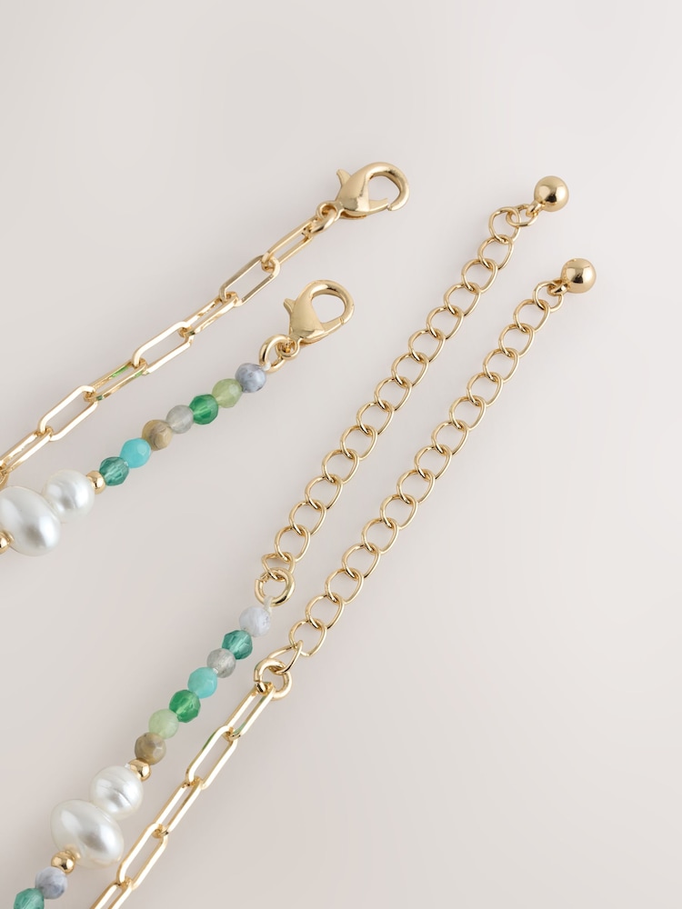 Blue/Pearl/Gold Tone 2 Layered Necklace - Image 5 of 5