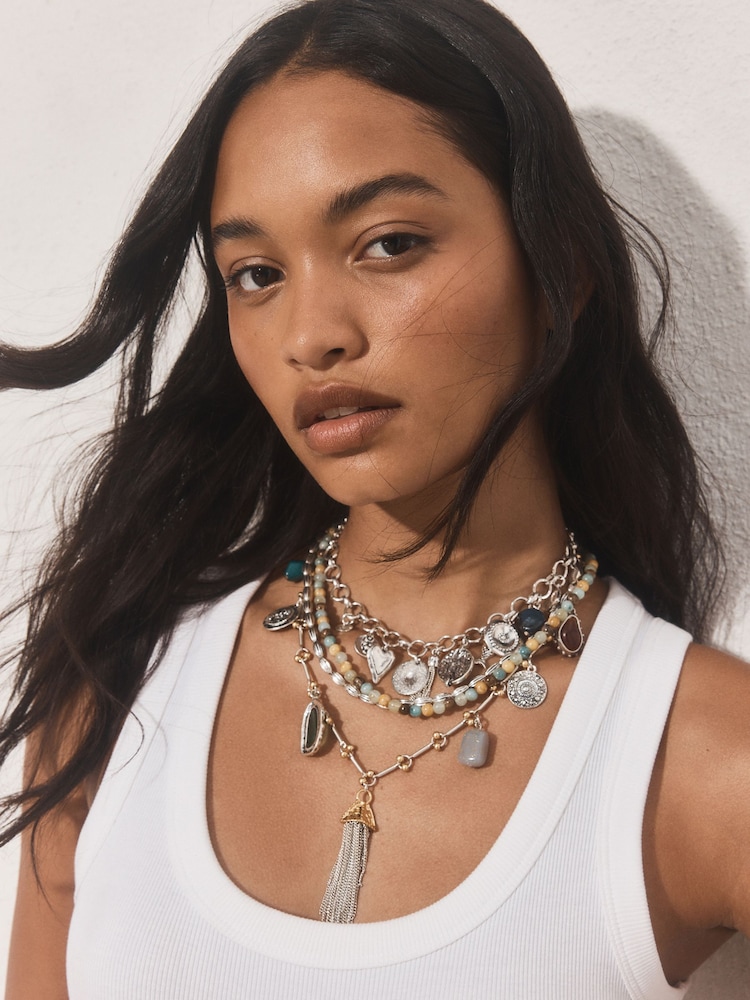 Silver Tone Statement Boho Charm 4 Layer Necklace - Image 1 of 7