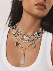 Silver Tone Statement Boho Charm 4 Layer Necklace - Image 3 of 7