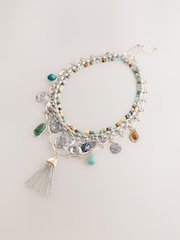 Silver Tone Statement Boho Charm 4 Layer Necklace - Image 4 of 7