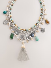 Silver Tone Statement Boho Charm 4 Layer Necklace - Image 5 of 7