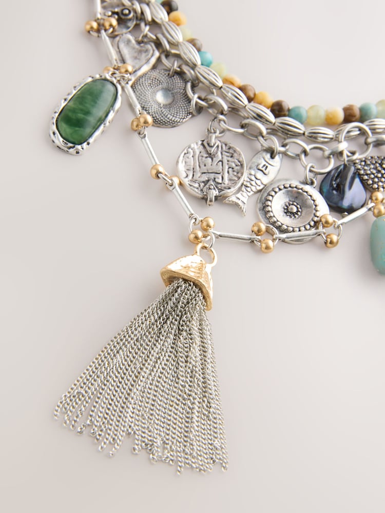 Silver Tone Statement Boho Charm 4 Layer Necklace - Image 7 of 7