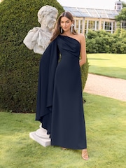 Lipsy Navy Petite Bridesmaid One Shoulder Cape Draped Sleeve Maxi Dress - Image 1 of 5