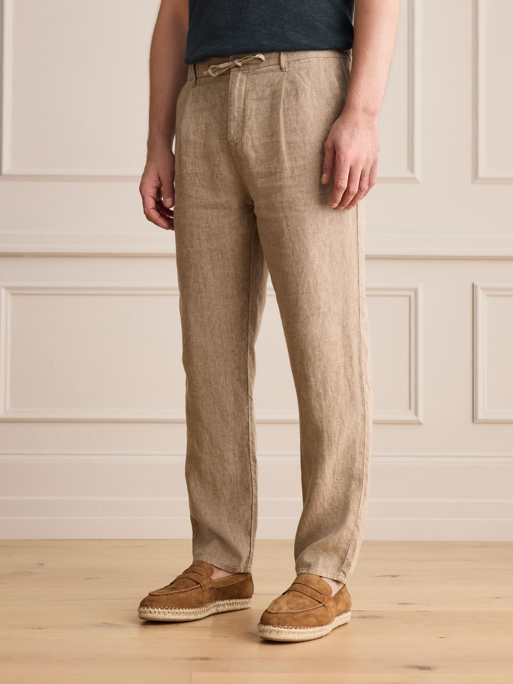 Buy Taupe Brown Regular Tapered Fit Signature 100% Linen Pleated