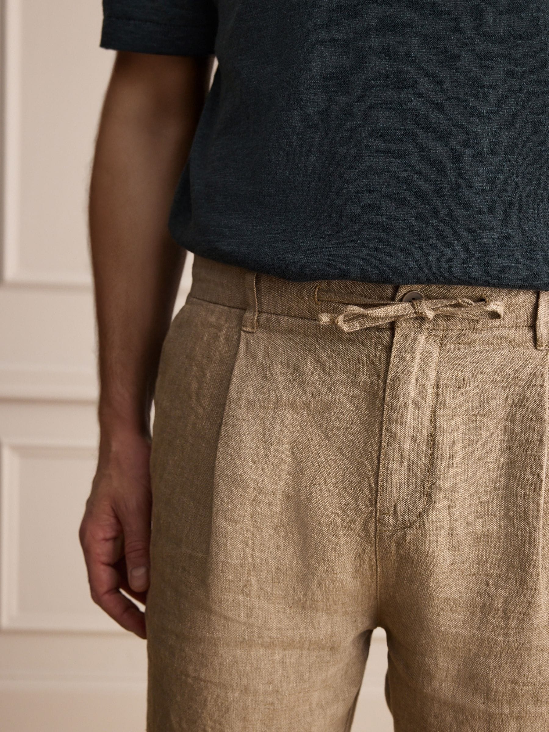 Buy Taupe Brown Regular Tapered Fit Signature 100% Linen Pleated