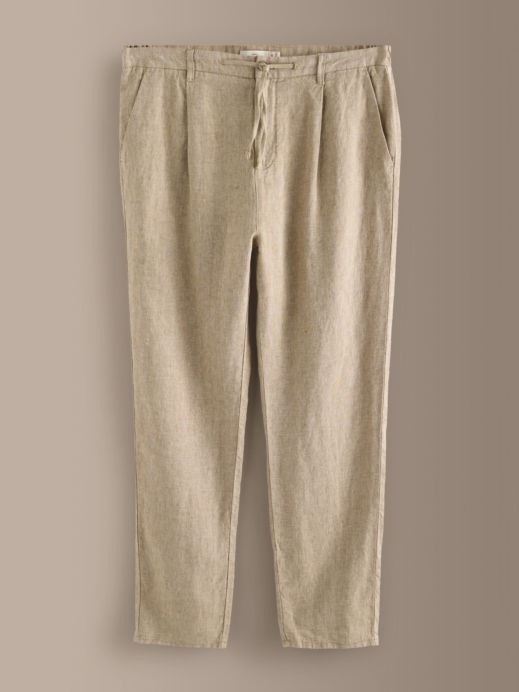 Buy Taupe Brown Regular Tapered Fit Signature 100% Linen Pleated
