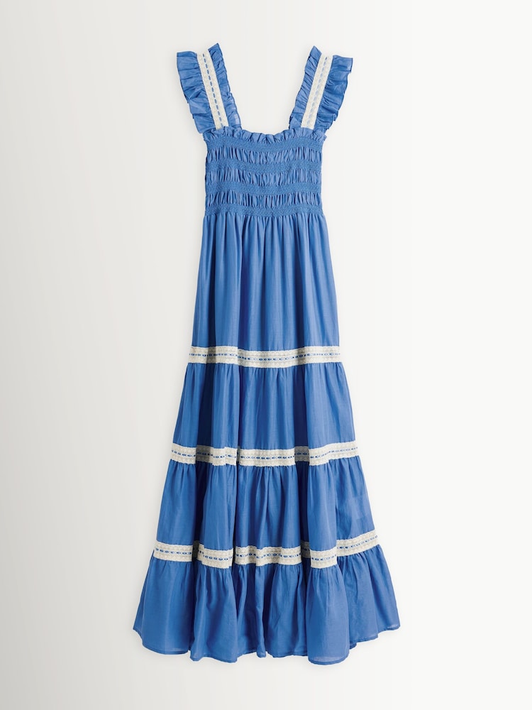 Rixo Ikat Writing Blue Aubrie Ikat Tiered Trim Midi Dress - Image 1 of 1 Rixo Ikat Writing Blue Aubrie Ikat Tiered Trim Midi Dress - Image 1 of 1