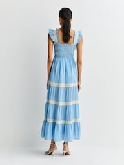 Rixo Ikat Writing Blue Aubrie Ikat Tiered Trim Midi Dress - Image 2 of 6
