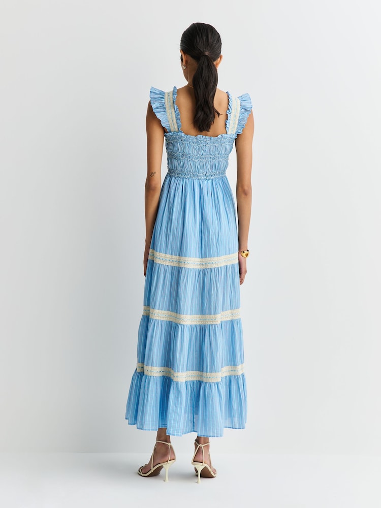 Rixo Ikat Writing Blue Aubrie Ikat Tiered Trim Midi Dress - Image 2 of 6