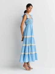 Rixo Ikat Writing Blue Aubrie Ikat Tiered Trim Midi Dress - Image 3 of 6