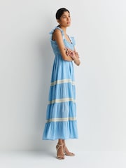 Rixo Ikat Writing Blue Aubrie Ikat Tiered Trim Midi Dress - Image 4 of 6