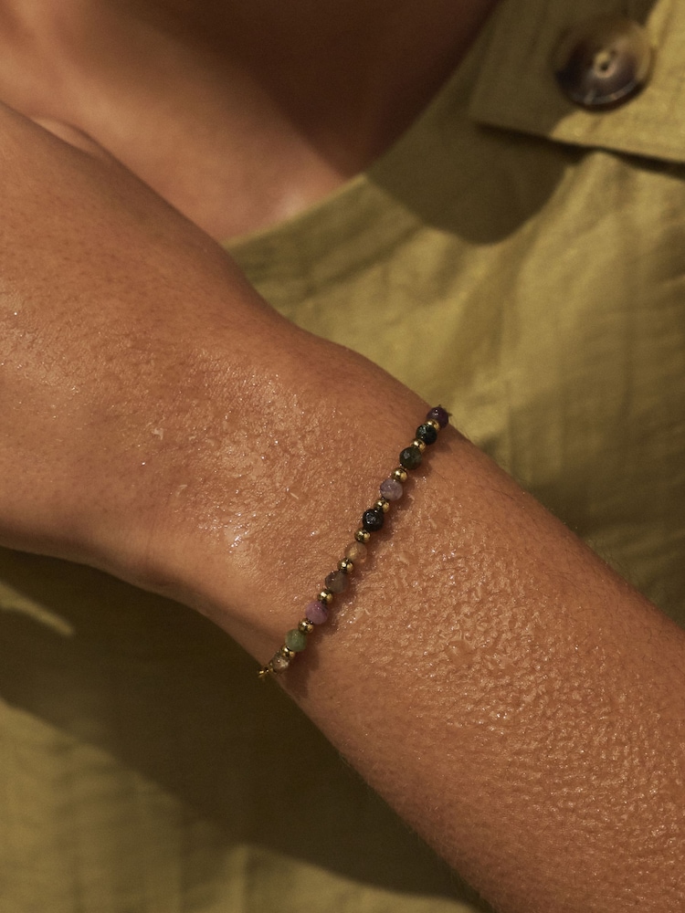 Gold Tone Waterproof Stainless Steel Semi-Precious Stone Paperclip Bracelet - Image 1 of 3