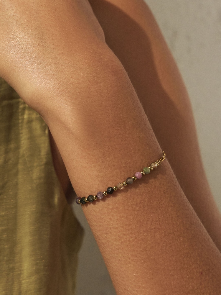 Gold Tone Waterproof Stainless Steel Semi-Precious Stone Paperclip Bracelet - Image 3 of 3