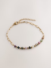 Gold Tone Waterproof Stainless Steel Semi-Precious Stone Paperclip Bracelet - Image 4 of 6